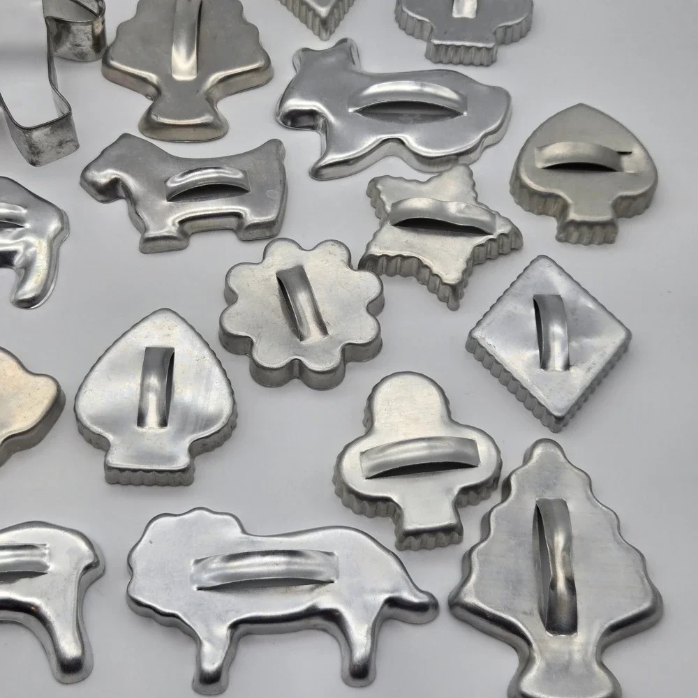 Vintage Aluminum Cookie Cutter Set 20pc Animals Holiday Shapes Silver Metal